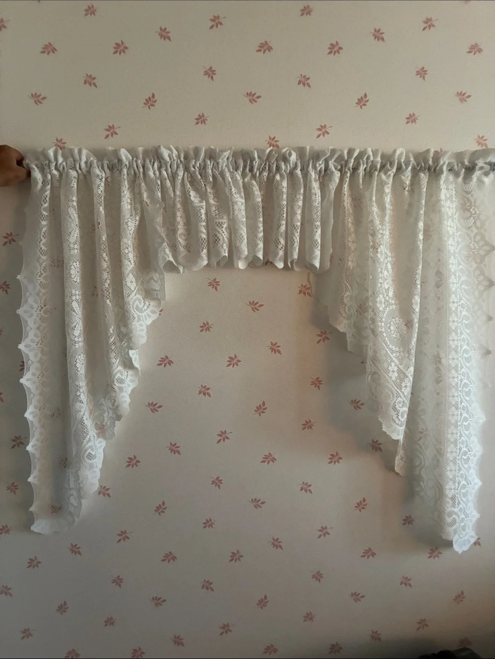 Vintage Old World Style Swag and Valance Curtain set  White Crochet Lace
